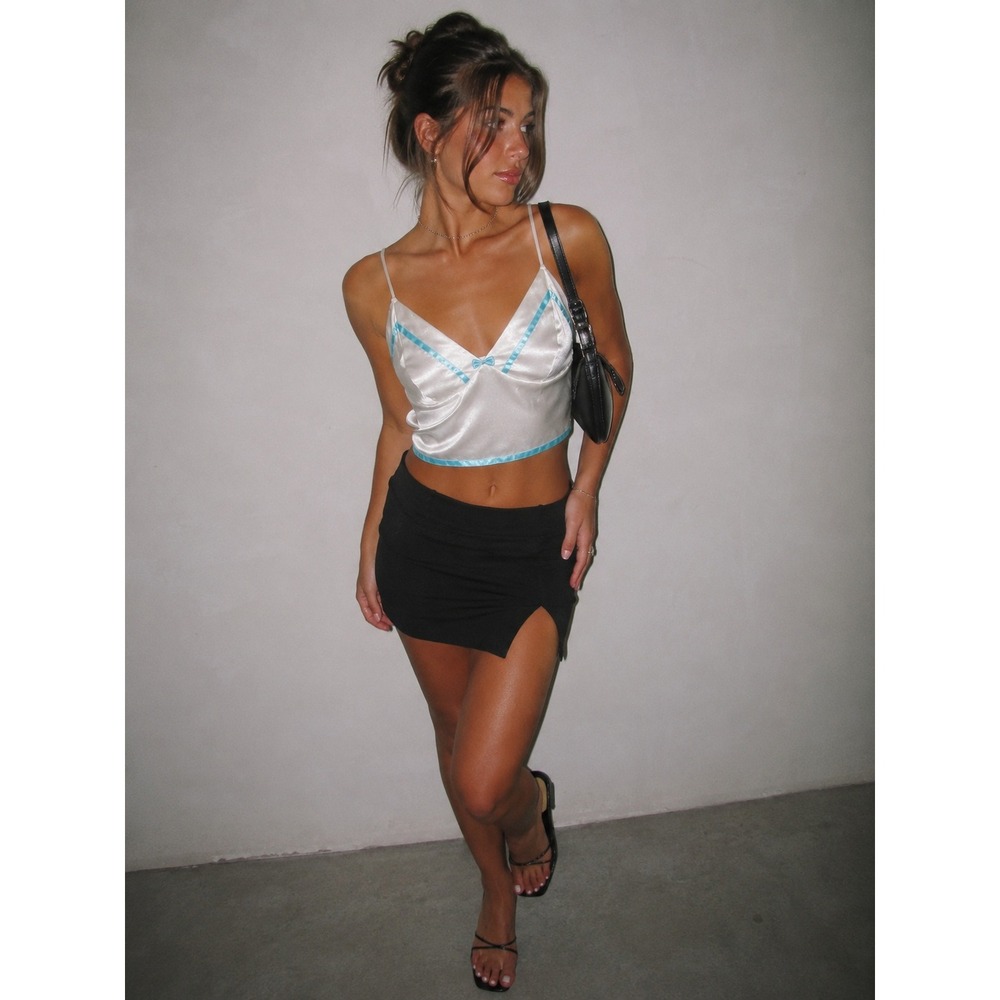 Body Chic Camisole Top Medium White‎ Turquoise Bow Satin Trim Vintage Lingerie